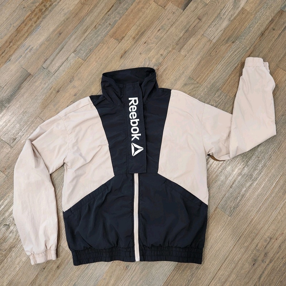 Reebok Womens‎ XS Black Cream Focus Track Jacket with Front Flap Zip Up 2Pockets